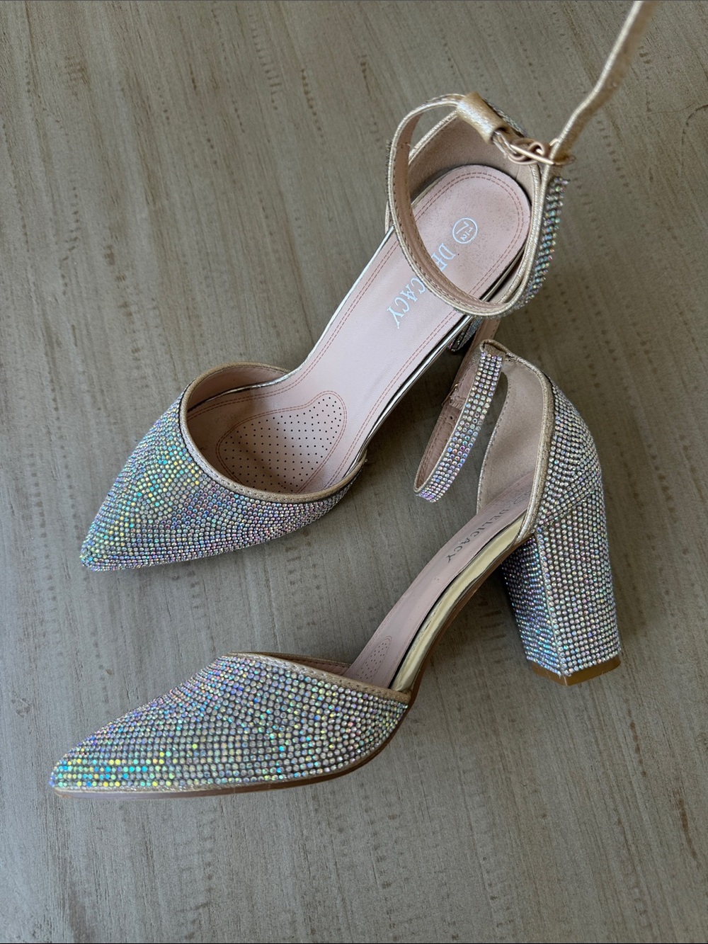 Delicacy - Rhinestone Chunky Block Heel Pumps - Ankle Straps